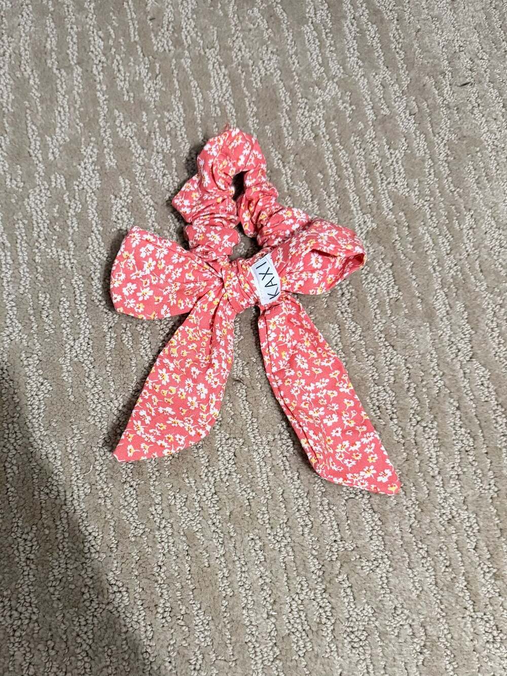 Kaxi Coral Pink Floral Print Bow Scrunchie